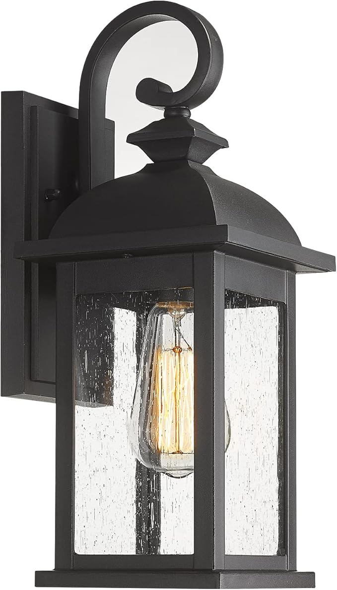 FEMILA Outdoor Wall Sconce, 14.9" Matte Black Seeded Glass Outdoor Sconce Lights by FEMILA