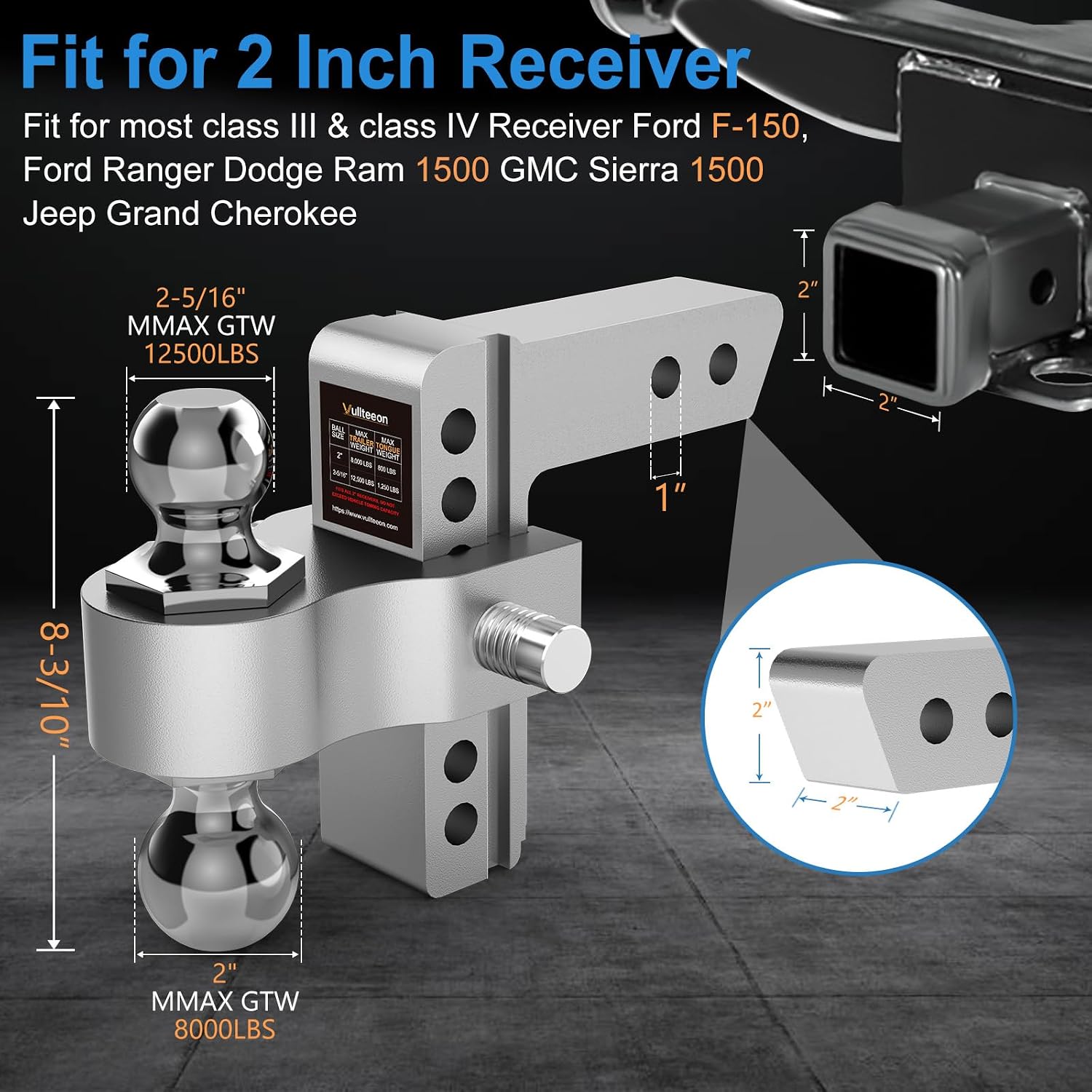 Adjustable Trailer Hitch-Drop Hitch for 2 inch Receiver, 6 Inch Drop/Rise, 2" & 2-5/16" Ball Hitches 12,500 LBS GTW, Aluminum Truck Hitches with Two Anti-Theft Pins Locks