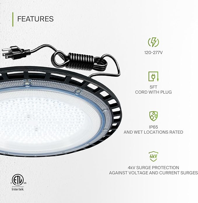 ASD LED High Bay UFO Light Fixture, Commercial Shop Lighting | Plug & Play Cable - Image 3