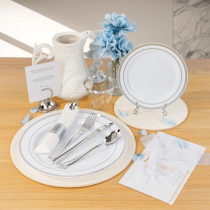 BESTVIP 700PCS Silver Plastic Dinnerware Set for 100 Guests, Disposable Plate...