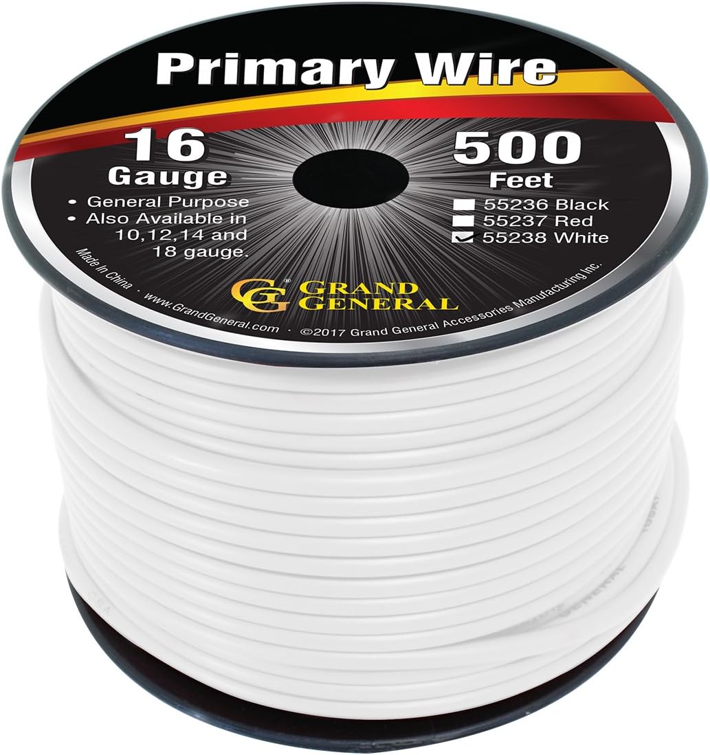 Grand General 55238 Primary Wire 500ft Roll with Spool For Trucks, Automobile and More – White