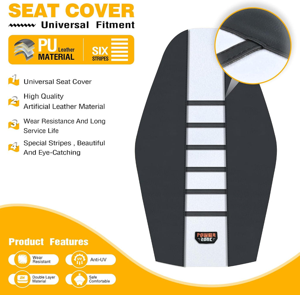 Dirt Bike Seat Cover - Universal Gripper No-Slip Dirtbike Seat Cover (Black-White)