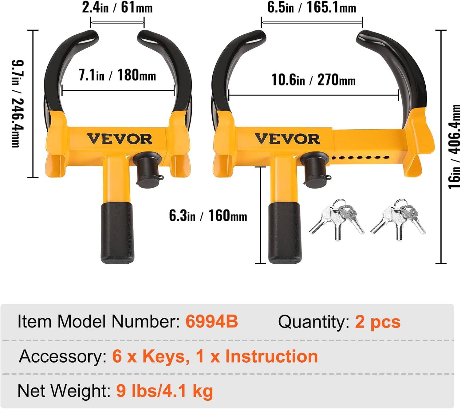 VEVOR Universal Wheel Clamp Lock, 2 Pack Adjustable Anti-Theft Tire Lock, Heavy-Duty Steel for ATV SUV Car Golf Cart Boats Motorcycles, with 6 Keys