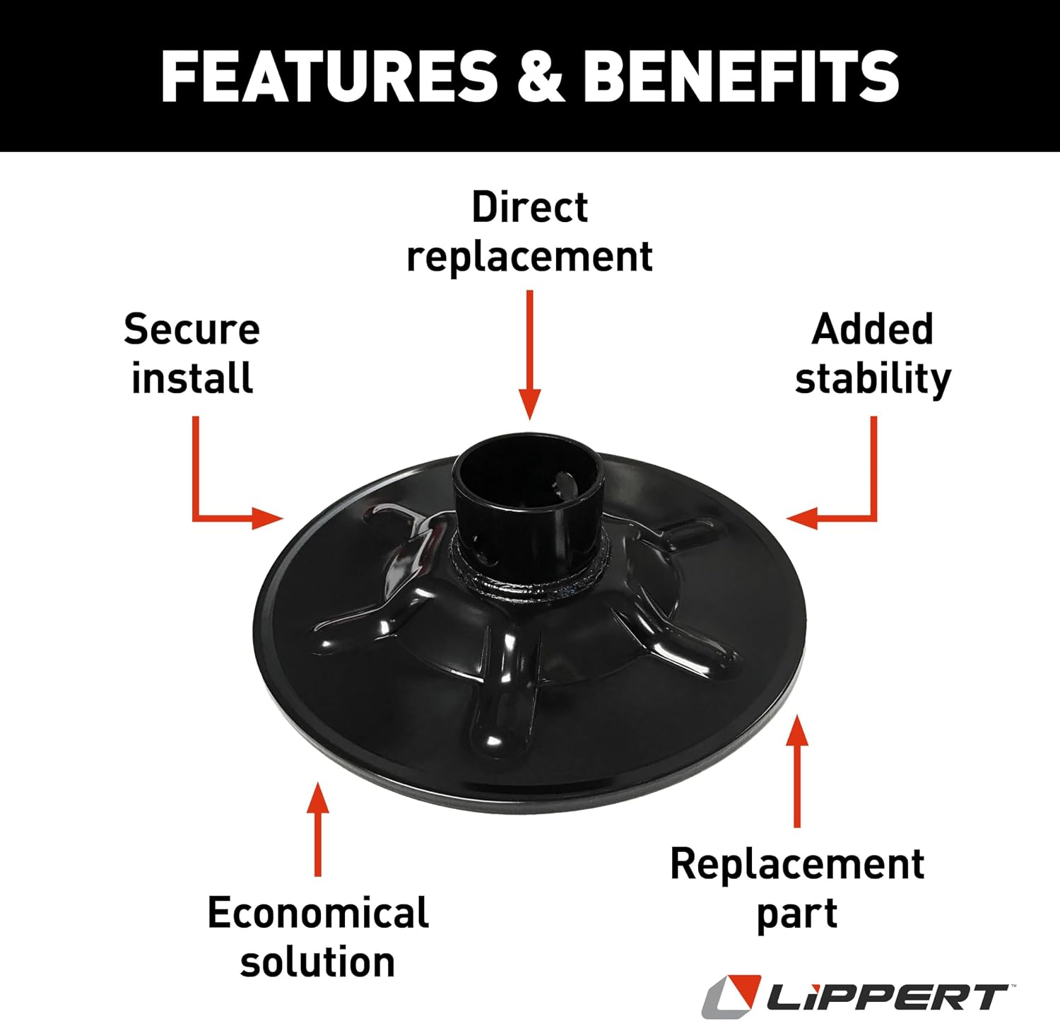 Lippert Components Hall Effect Ground Control 3.0 Replacement Rear Jack Foot Pad, 9" Diameter, Fits 2" I.D. Tube, Strong Black Powder-Coated Steel Construction, Easy Installation - 377962