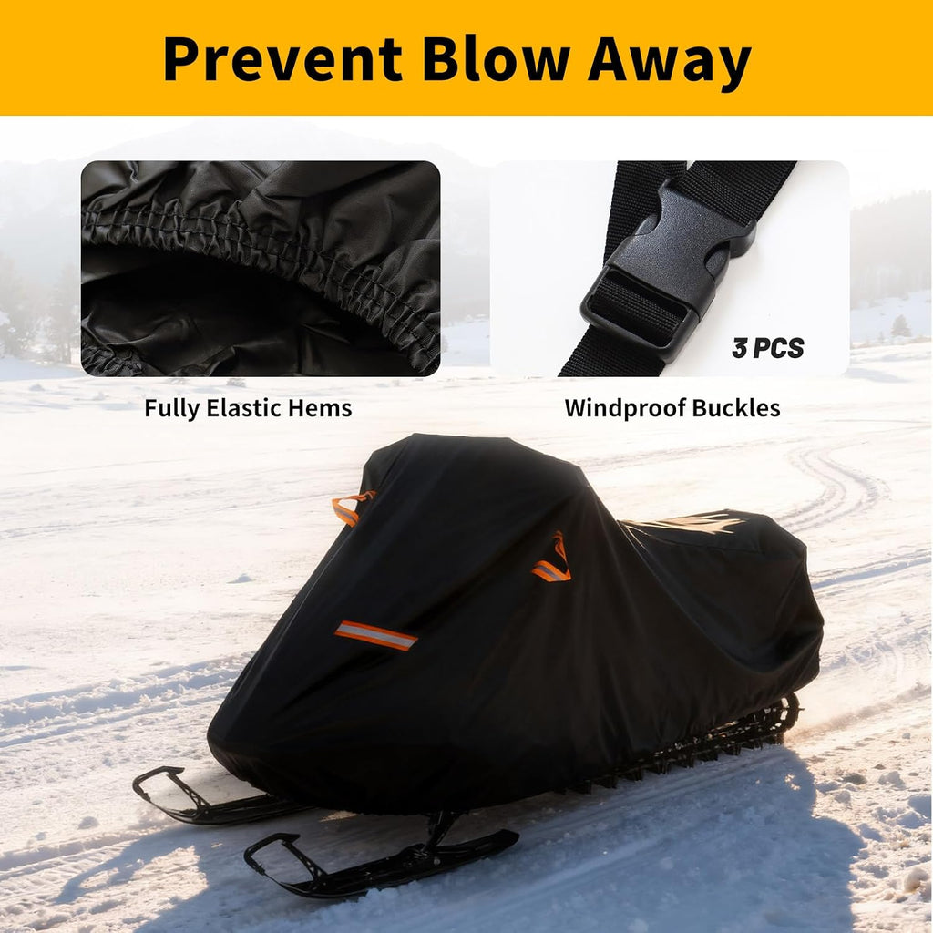 Snowmobile Cover, 420D Durable Oxford Fabric Waterproof sled ski Cover with Reflective Handles, Elastic Bottom (Black L Fits Length 130" x 51" x 48")