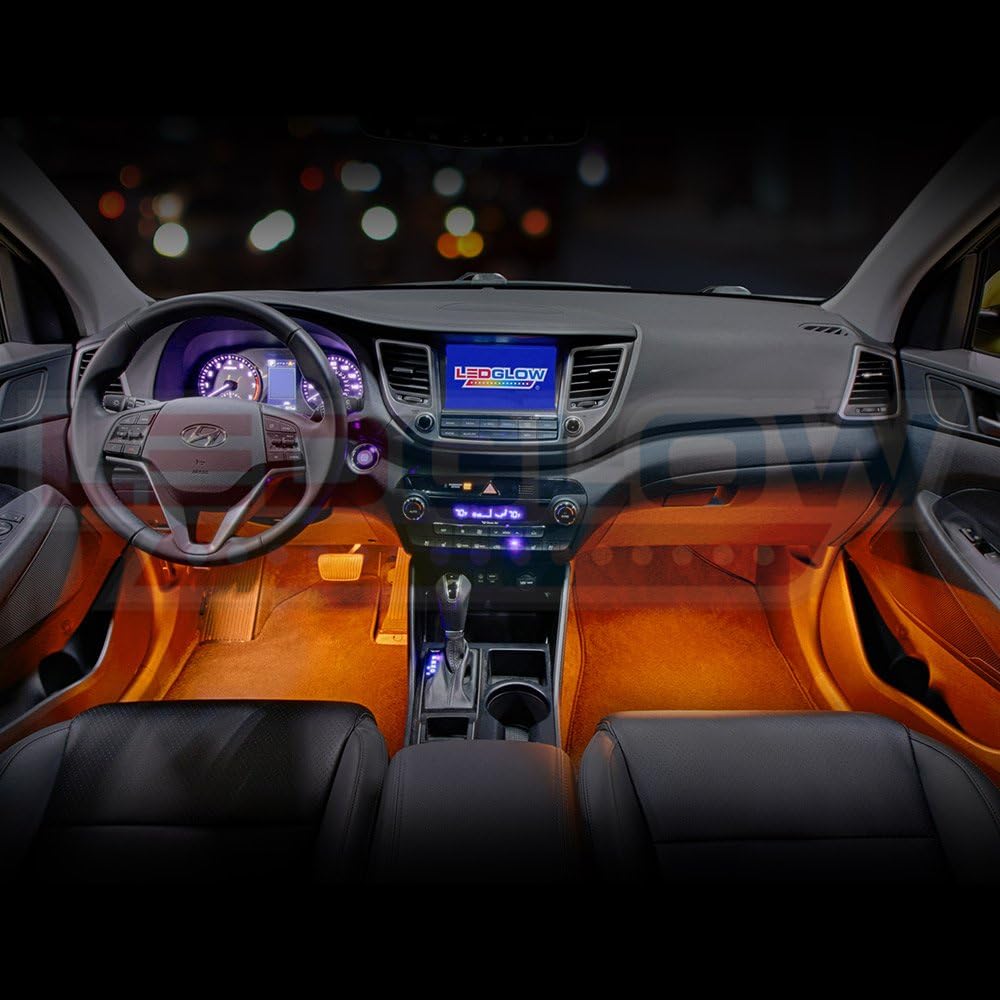 LEDGlow 4pc Orange LED Interior Footwell Underdash Neon Lighting Kit for Cars & Trucks - 7 Unique Patterns - Music Mode - 8 Brightness Levels - Auto Illumination Bypass Mode - Universal Fitment