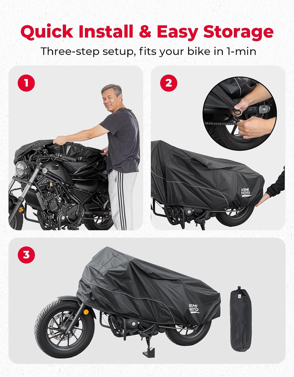 KEMIMOTO Motorcycle Half Cover Outdoor Waterproof Storage Bag Fit Lightweight Fit for Rebel CMX300 500 1100 Sportster Iron 883 Shadow Vulcan S Boulevard S40 Rain Snow Dust Protection Cover