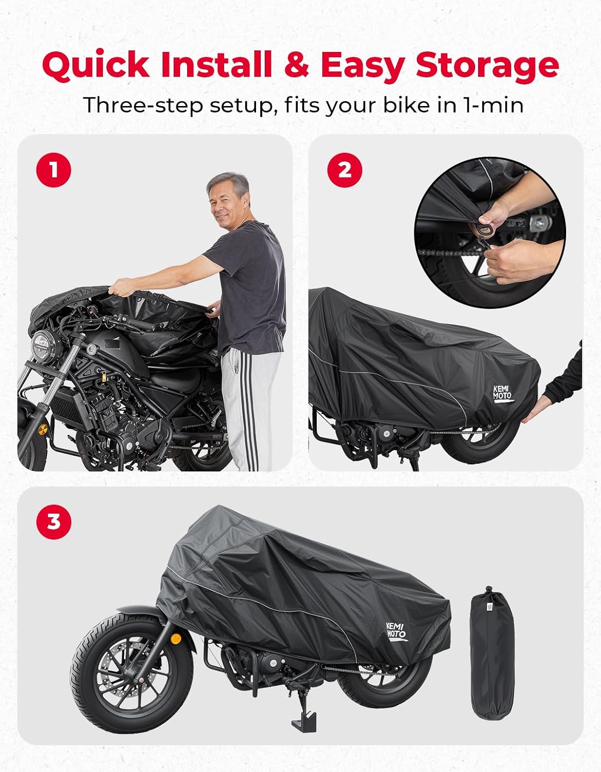 KEMIMOTO Motorcycle Half Cover Outdoor Waterproof Storage Bag Fit Lightweight Fit for Rebel CMX300 500 1100 Sportster Iron 883 Shadow Vulcan S Boulevard S40 Rain Snow Dust Protection Cover