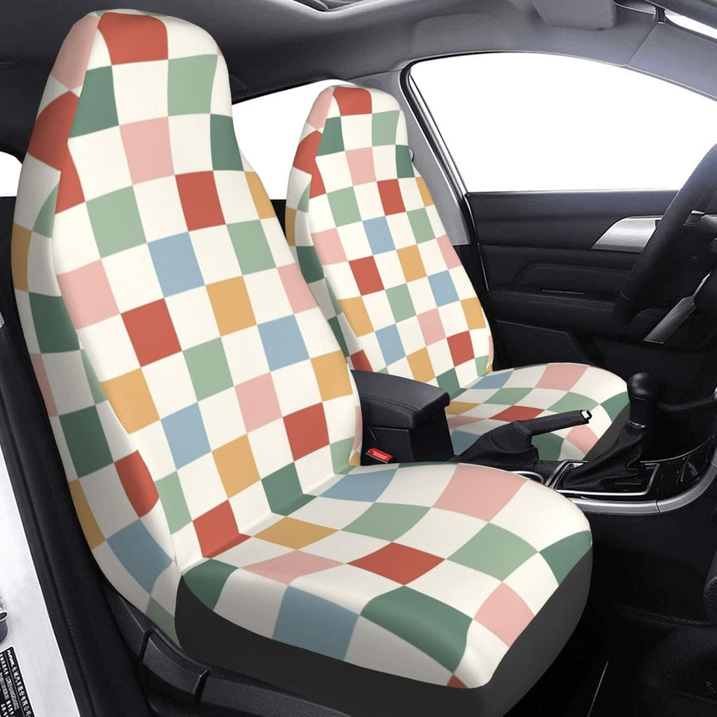 rainbow checkerboard retro car seat covers universal 2 shown in use