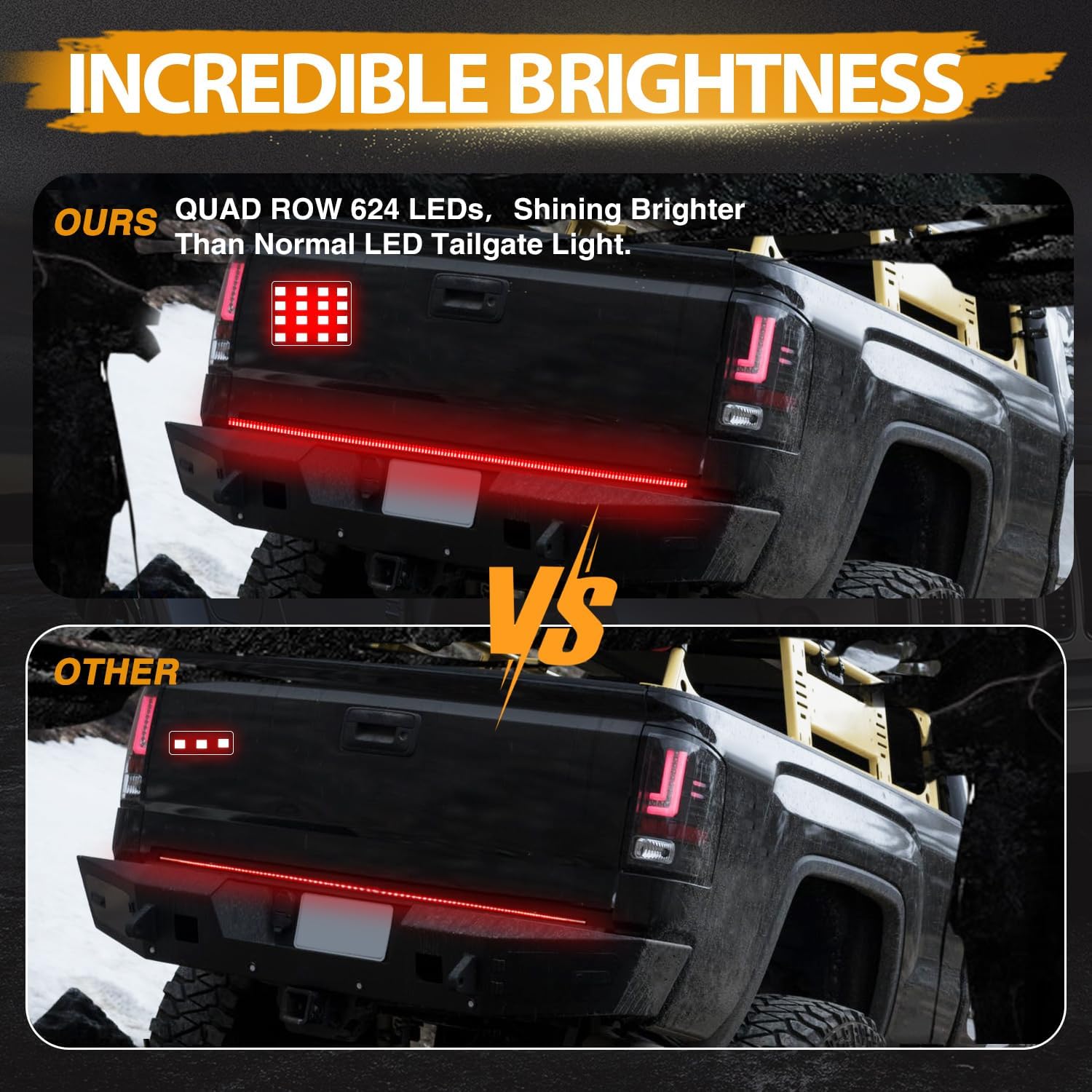 60 Inch LED Truck Tailgate Light Strip Quad Row Bed Tail Light 5 Function Red Brake, White Backup Reverse, Red Turn Signal Strobe Light for Pickup Trucks SUV RV Van Dodge Ram