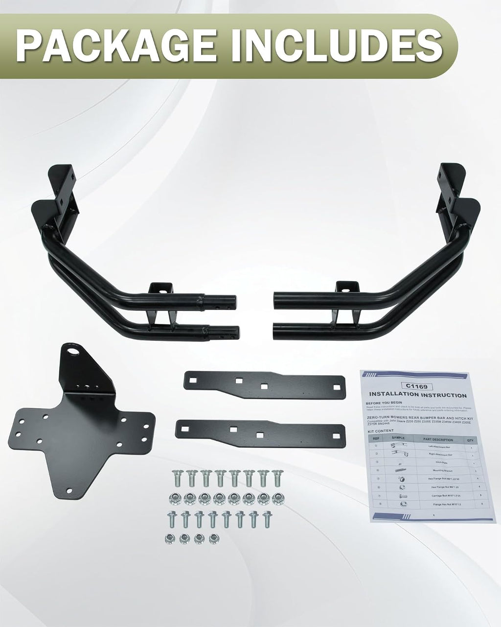 NIXFACE Rear Bumper Bar W/Hitch Kit Zero-Turn Mowers Replacement Compatible with John Deere Z235 Z255 Z335E Z335M Z345M Z345R Z355E Z375R