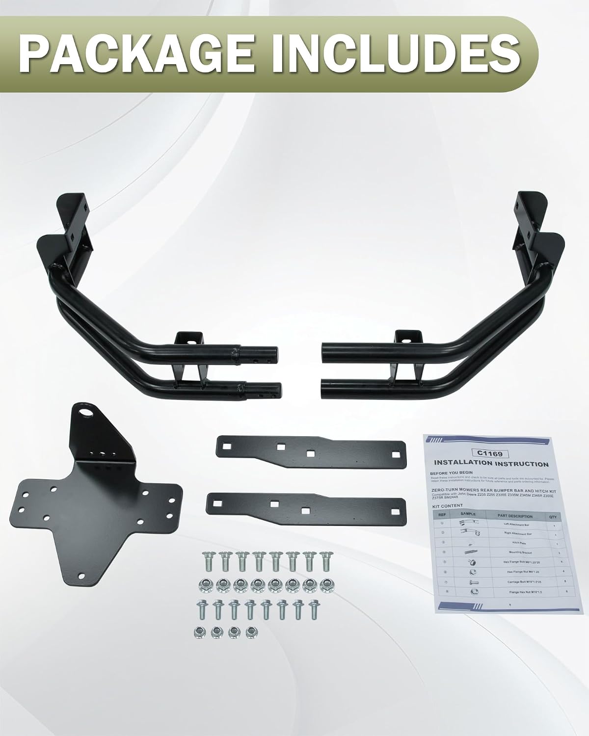 NIXFACE Rear Bumper Bar W/Hitch Kit Zero-Turn Mowers Replacement Compatible with John Deere Z235 Z255 Z335E Z335M Z345M Z345R Z355E Z375R