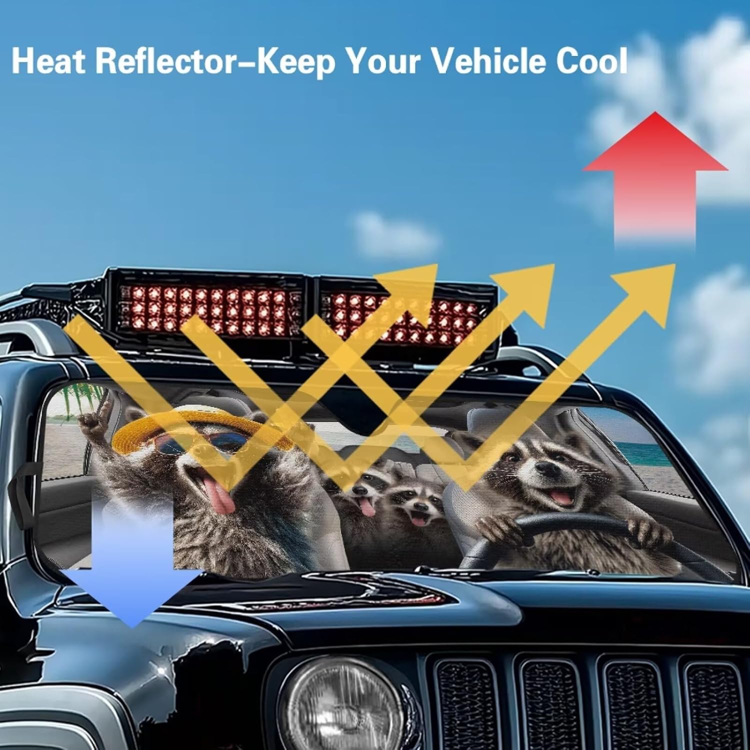 Raccoon Windshield Sun Shade for Jeep Wrangler JL JLU & Jeep Gladiator, Funny Driving Front Window Sun Visor Blocks UV Rays Sunshade