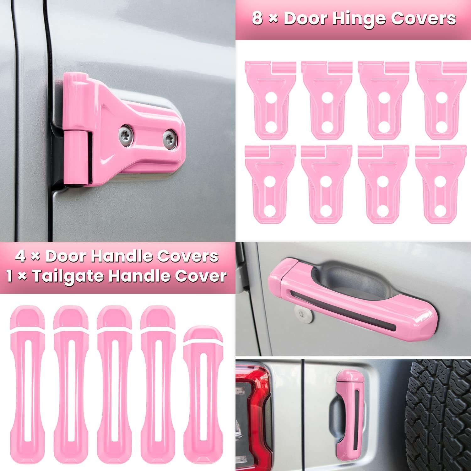 26PCS Full Set Exterior Decoration Trim Kit for Jeep Wrangler JL JLU 2018-2023 Door Hinge Handle Engine Hood Hinge Hood Latch Wheel Eyebrow Side Air Outlet Rear Tailgate Window Hinge Cover (Pink)