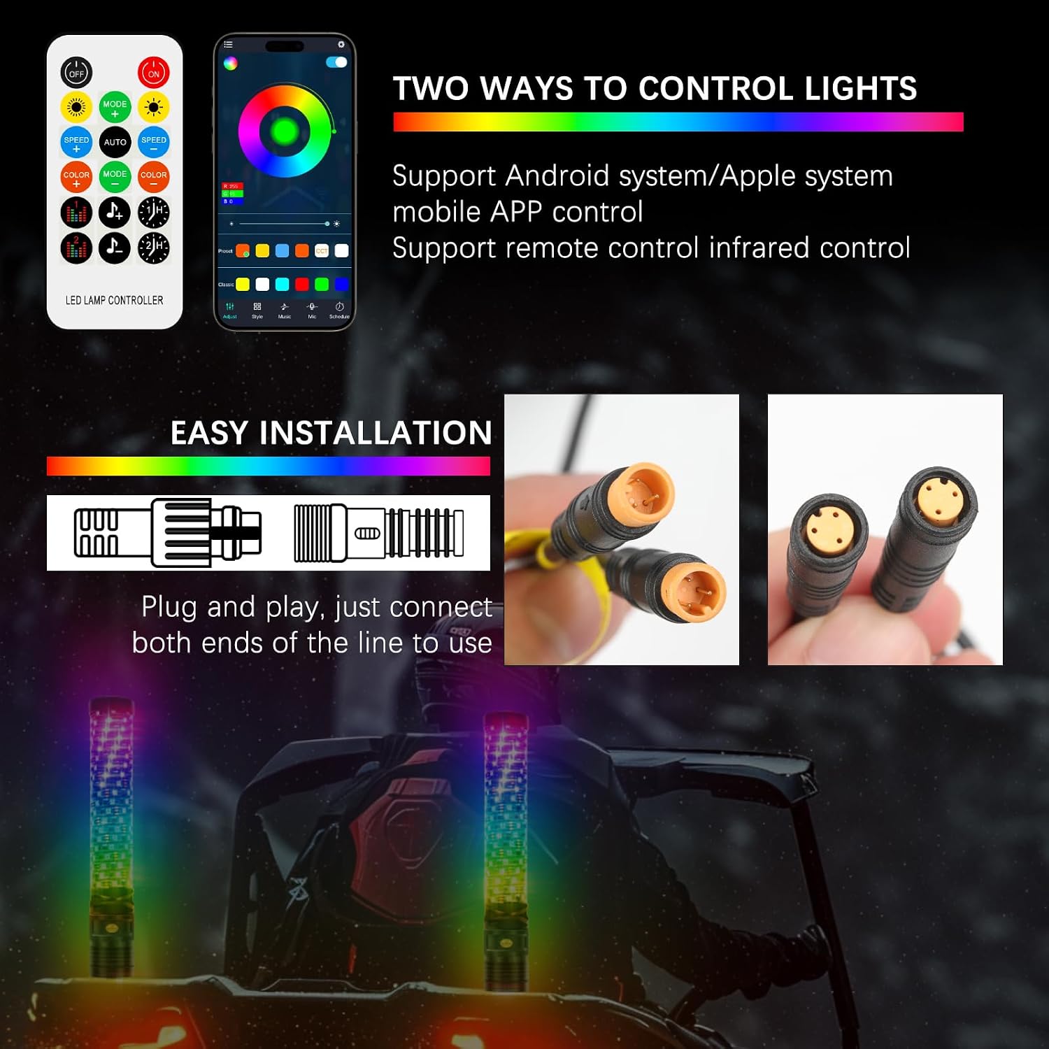 DREAMOTOR Whip Lights, 2Pcs 1FT Fat Whip Lights for Side by Side with Wireless Remote and APP Control, LED Spiral RGB Chasing Lighted Antenna Whips for UTV ATV Truck Polaris Dune Buggy RZR Can-Am