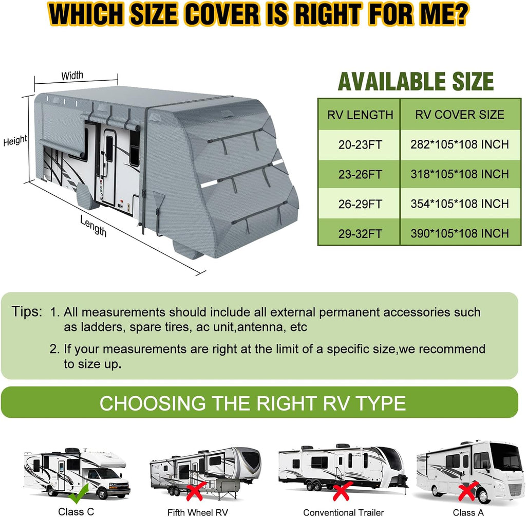 Class C RV Cover, 23'-26' Camper Cover, Upgraded 8-Layer UV Protected RV Cover, Wind and Water Resistant with Extra Harness, Tire Cover and Gutter Cover