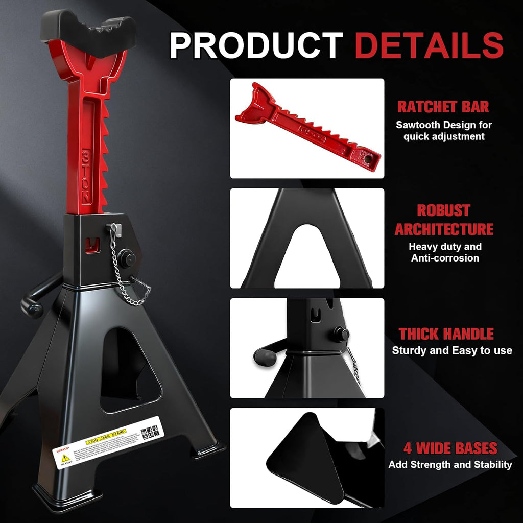 3 Ton Jack Stands (6,600 lbs) - Heavy Duty Car Jack Stand with Double Pin Locking, Adjustable 11.22"-16.54" Height, Extra Rubber Pads for Trucks, Garage, Home,DIY Use - 1 Pair Black+Red