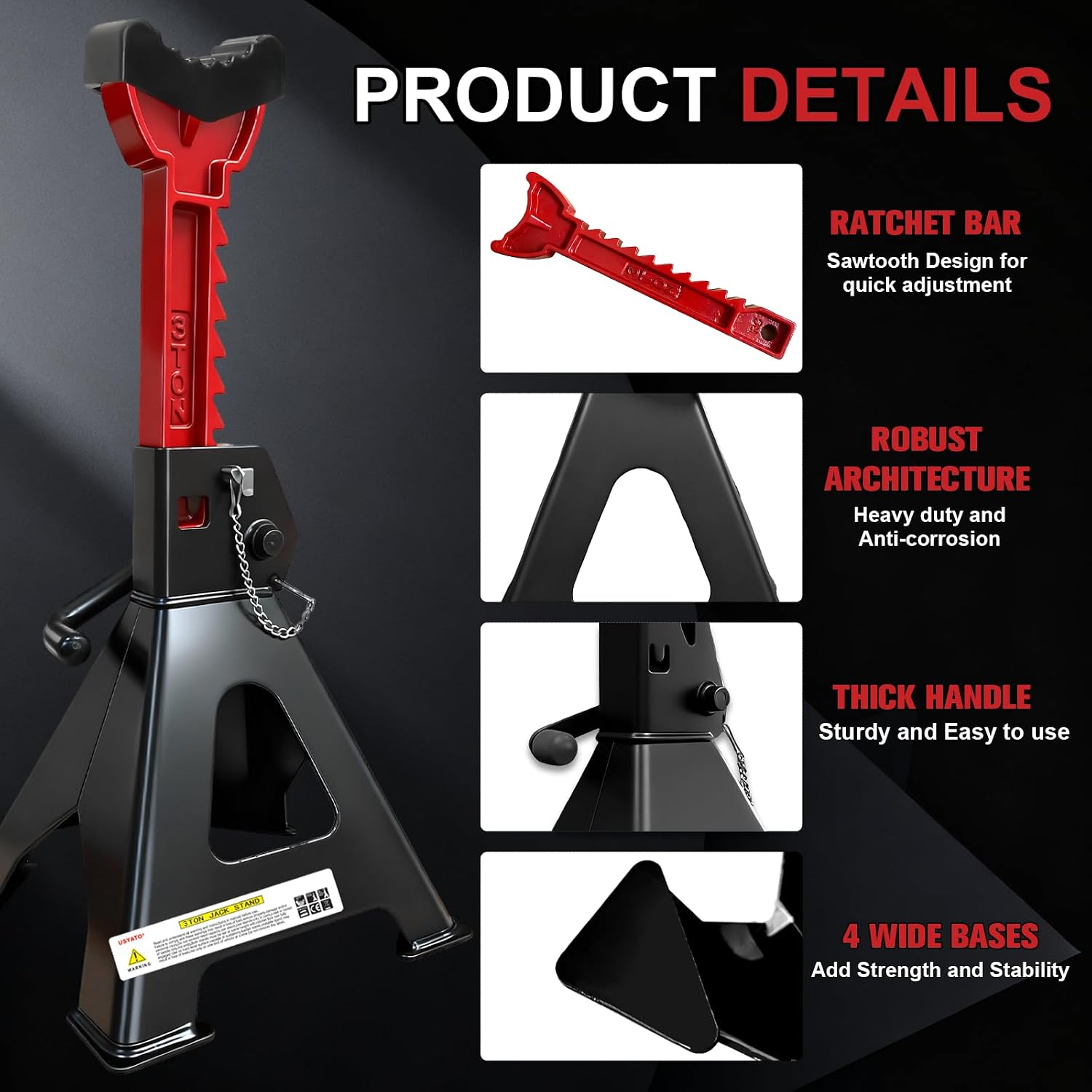3 Ton Jack Stands (6,600 lbs) - Heavy Duty Car Jack Stand with Double Pin Locking, Adjustable 11.22"-16.54" Height, Extra Rubber Pads for Trucks, Garage, Home,DIY Use - 1 Pair Black+Red