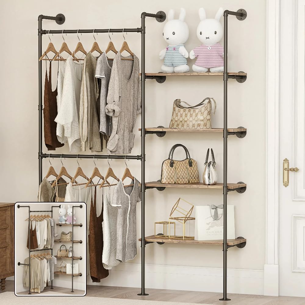 industrial pipe clothing rack with shelves, main product view