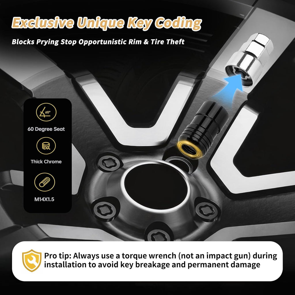 24216 M14x1.5 Cone Seat Wheel Locks19/21mm Hex Fit for GM/Ford/Tesla/Dodge | Set of 4. PVD Black Finish, Anti-Theft Lug Nuts,Alloy Steel,For 60° Conical Seat Wheels Only,Unique Security Key Design