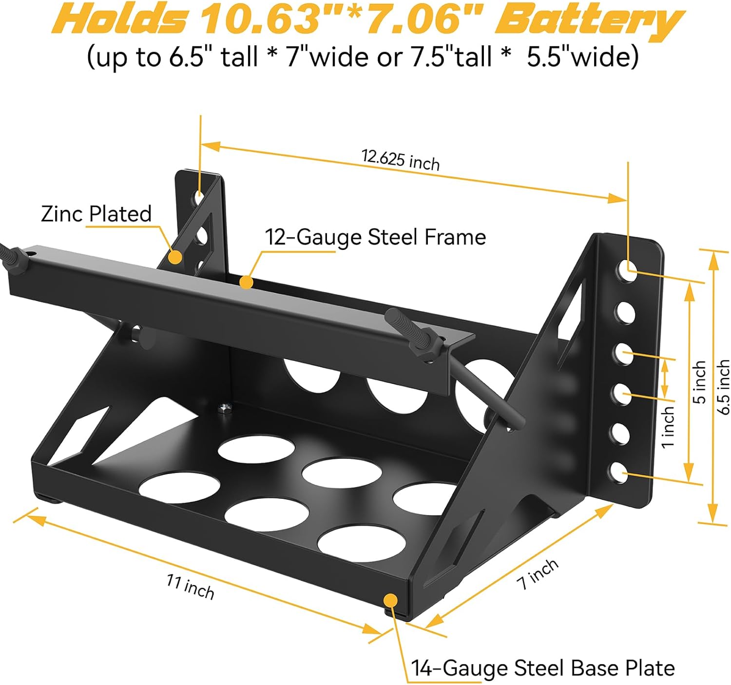Metal Steel Battery Mounting Box Tray Bracket DIY,Easy Bolt-In Battery Tray,Overall Length - Fits up to a 10.63” × 7.06” × 7.5” Battery, Anti-corrosion, No Rusting