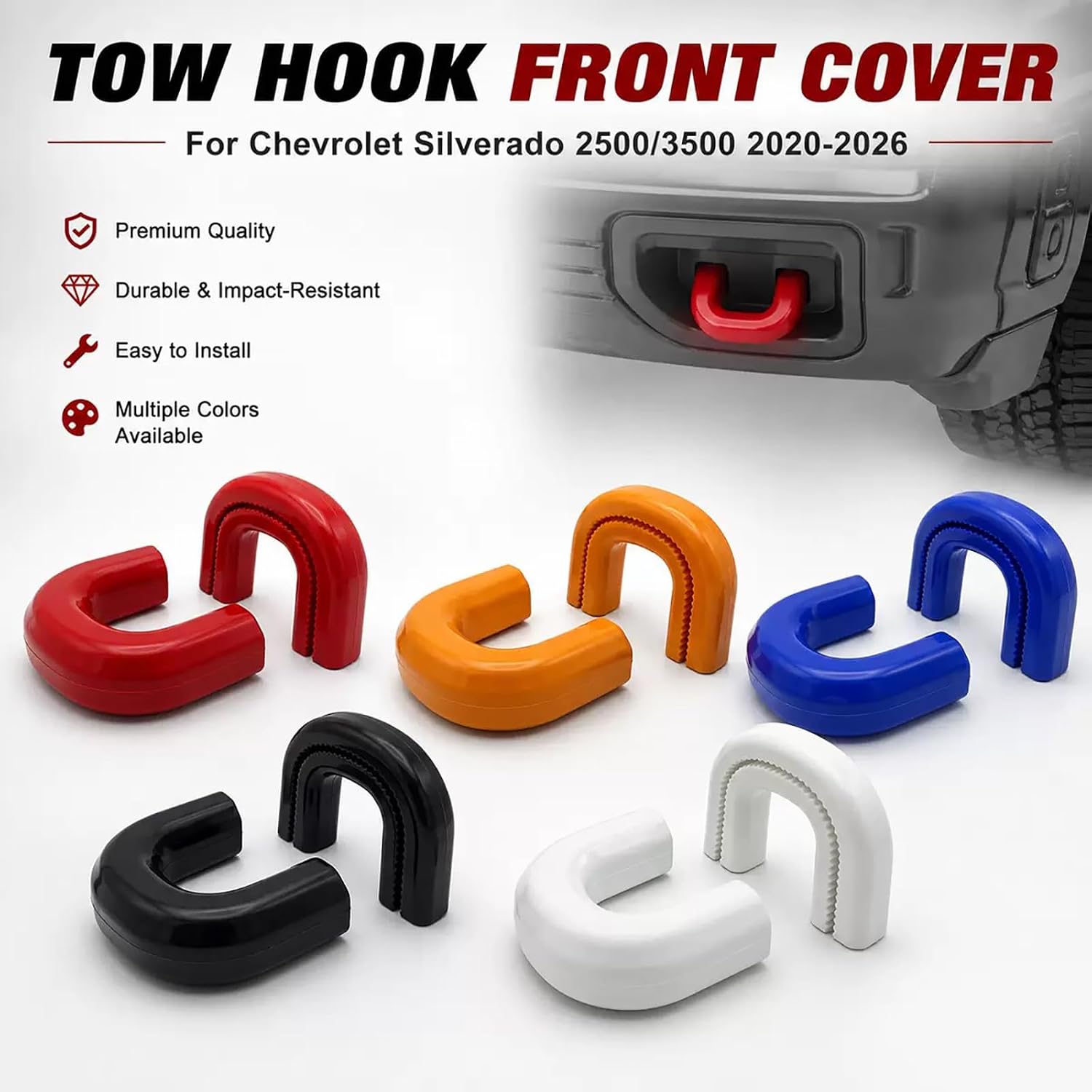 Front Tow Hook Cover for 2020-2026 Chevy Silverado 2500 HD 3500 HD, Silverado 2500HD Accessories, Tow Hook Covers, Chevy 2500HD Accessories, Heavy Duty Parts, Silicone, White (2 Pack)
