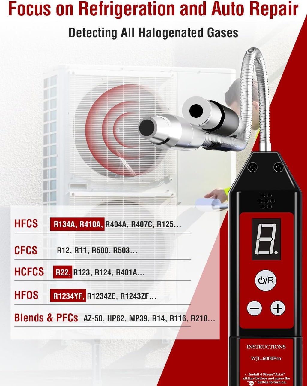 wjl-6000pro refrigerant leak detector with uv & led, front angle view