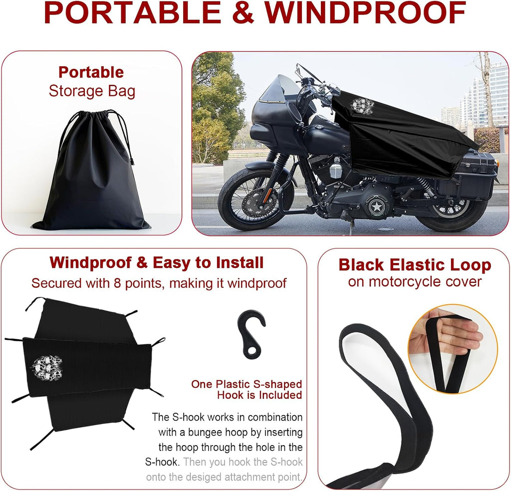 Dream Apparel Motorcycle Seat Cover Sun Shade Waterproof Outdoor Rain Dust Protection Universal Fit Heavy Duty Windproof Motorbike Vehicle Cover with Storage Bag, Black, Size L