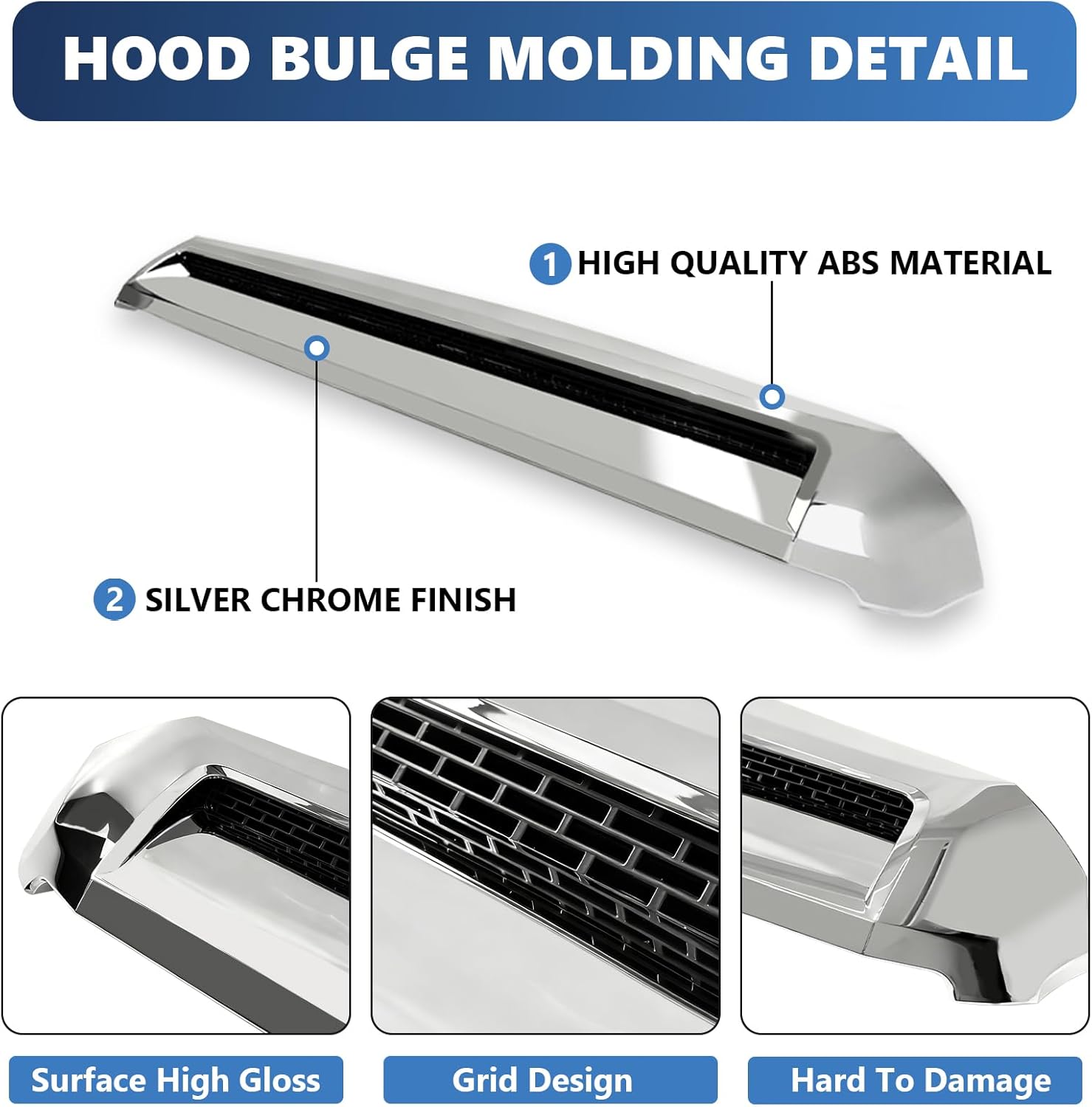 Front Upper Hood Bulge Molding Grille Trim Compatible with 2014-2021 Toyota Tundra Hood Scoop Grill Trim Hood Molding Replacement for 76180-0C030 (Chrome)