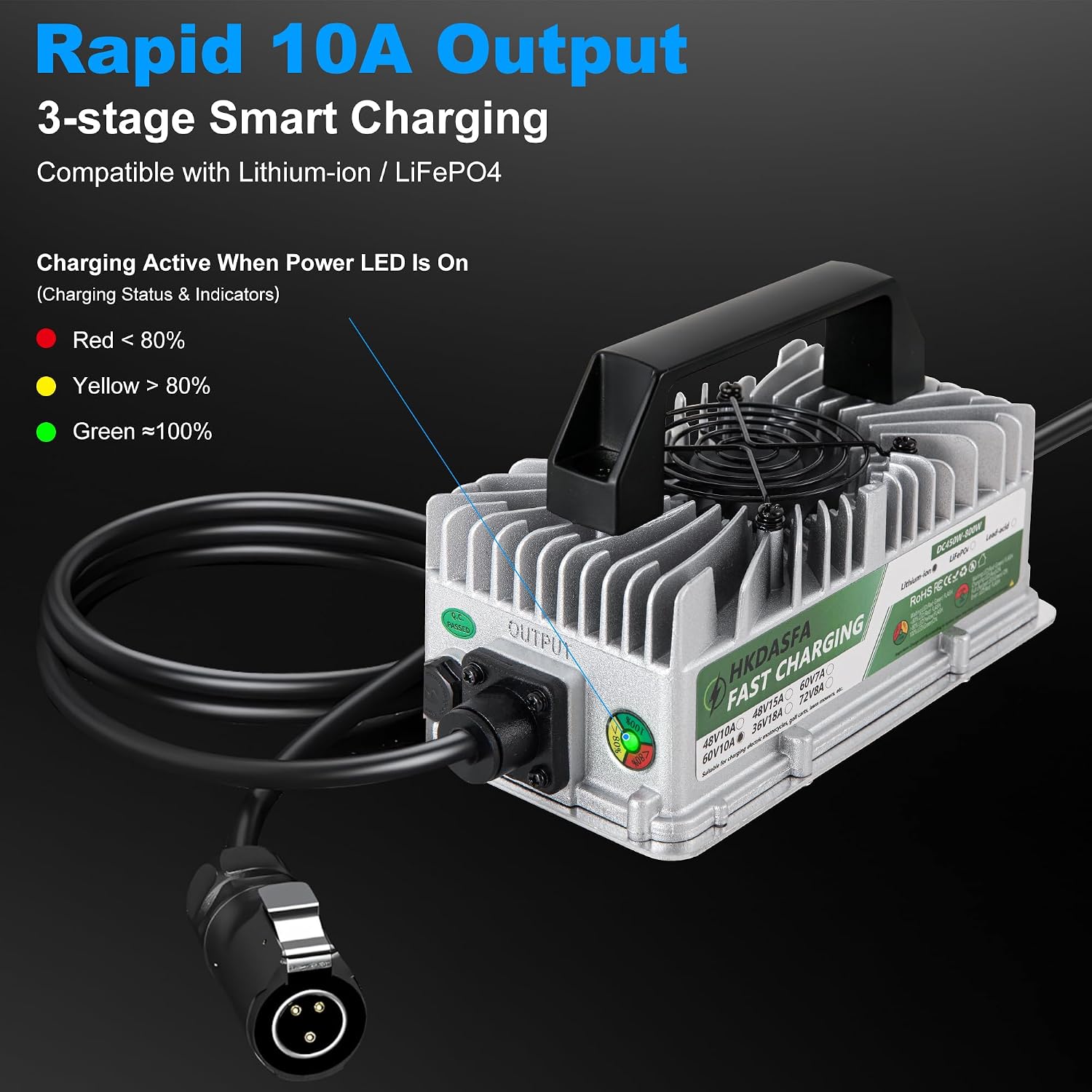 67.2V 10A Rapid Charger for Surron Light Bee X &Segway X260 Sur-Ron Electric Dirt Bike, IP65 Waterproof Battery Power Adapter with Cooling Fan
