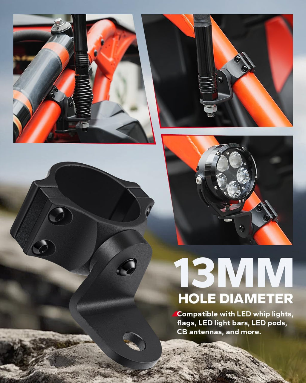 Amazicha Stainless Steel X3 Whip Light Mount, 360° Adjustable UTV Light Bar Mount Bracket Fits 1.75-2inch Roll Bar, UTV Flag Mount Fit for CAN AM X3 (Stainless Steel / Matte Black / 2PCS)