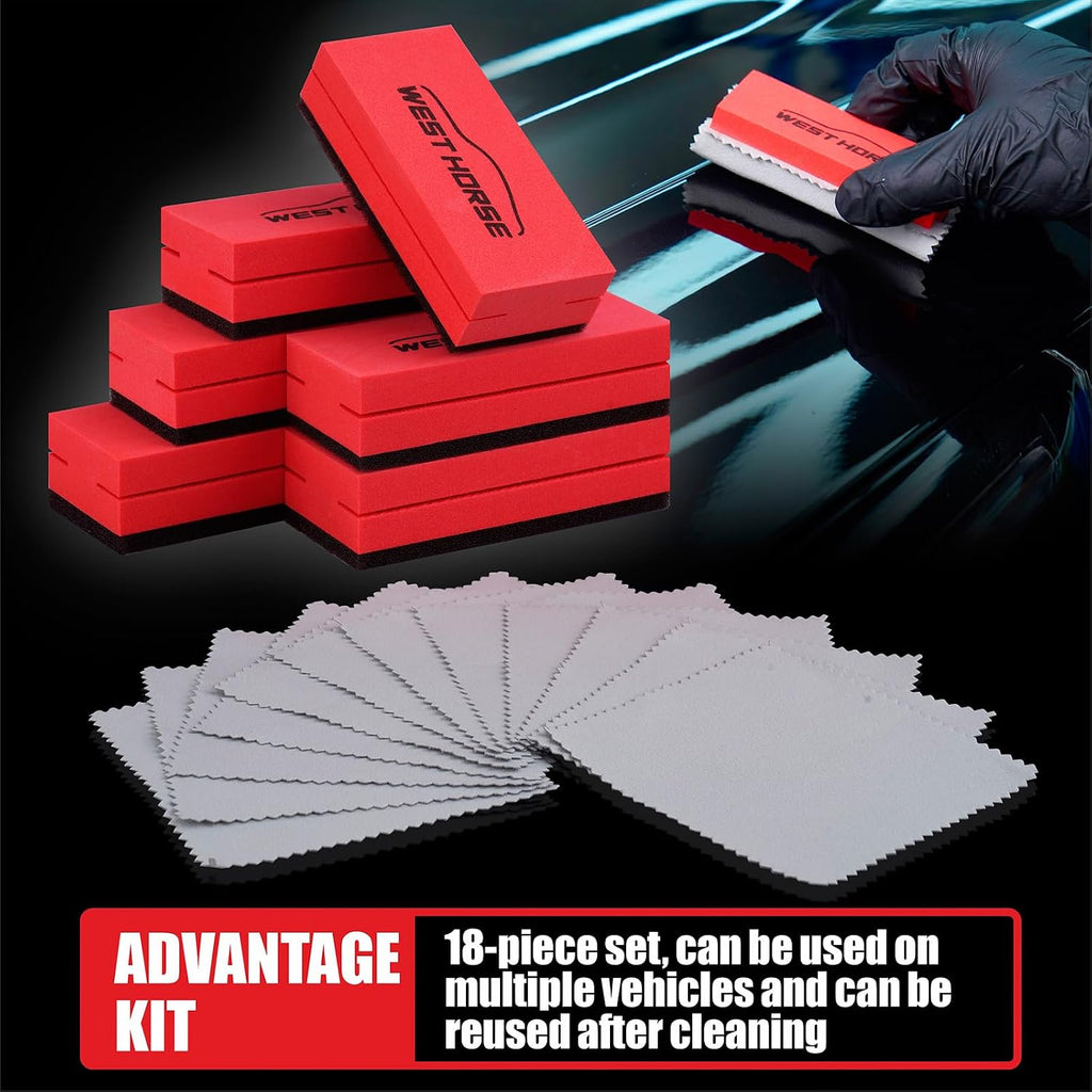 18PC Ceramic Coating Applicator Kit | 6 Foam Sponge Blocks, 12 Suede Cloths, For Paint, Glass, Wheels, Wax & Sealant Application