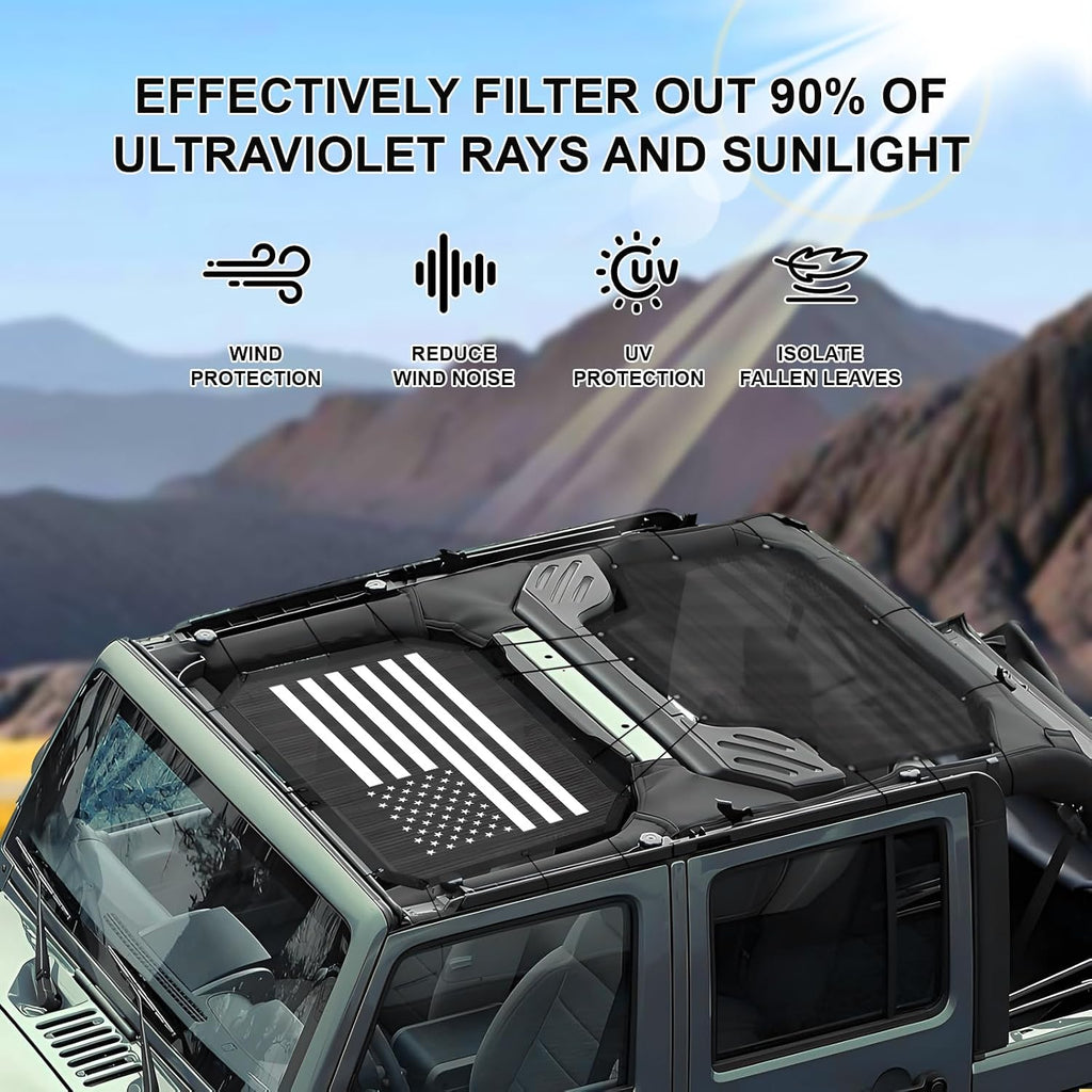 JKU Sunshade Mesh for 2007-2018 Jeep Wrangler JK Unlimited 4 Door, UV Protection Front & Rear Seat Cover, Thick PVC (American Flag & Black)