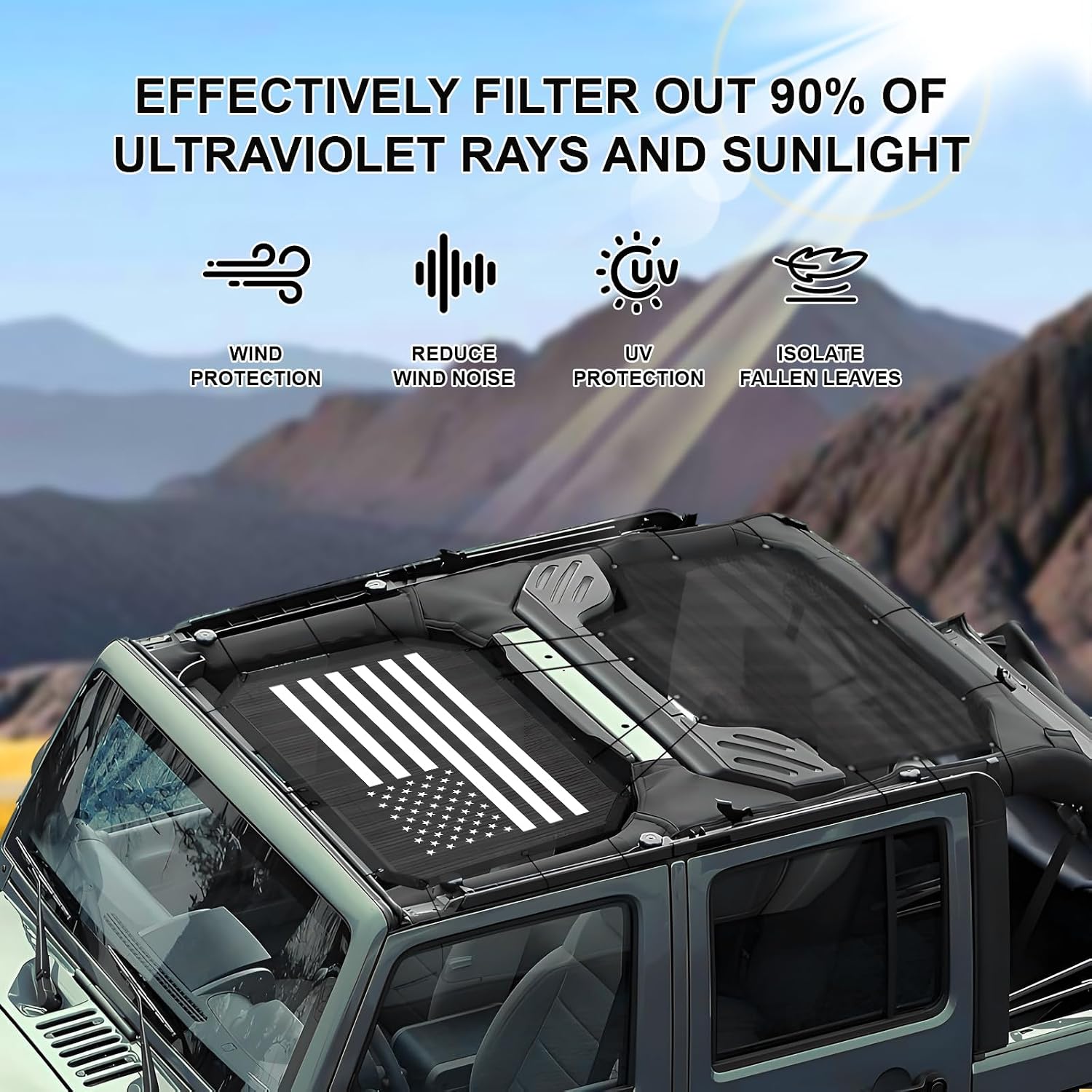 JKU Sunshade Mesh for 2007-2018 Jeep Wrangler JK Unlimited 4 Door, UV Protection Front & Rear Seat Cover, Thick PVC (American Flag & Black)