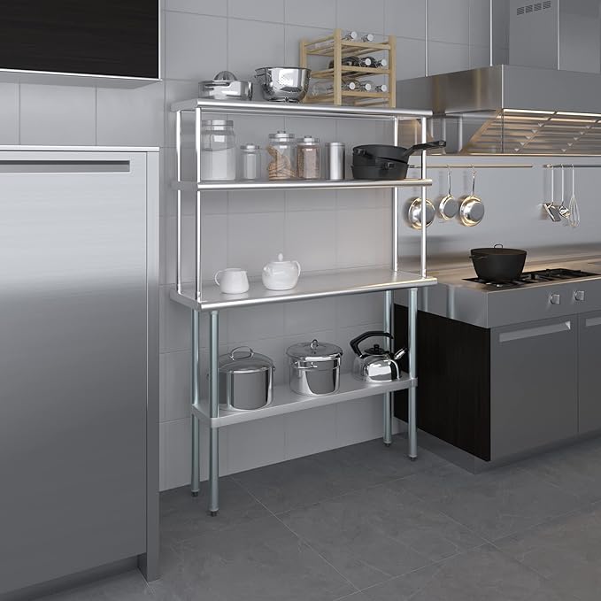 Amgood Stainless Steel Work Table Double Tier Overshelf | NSF 14" x 48" Work - Image 8