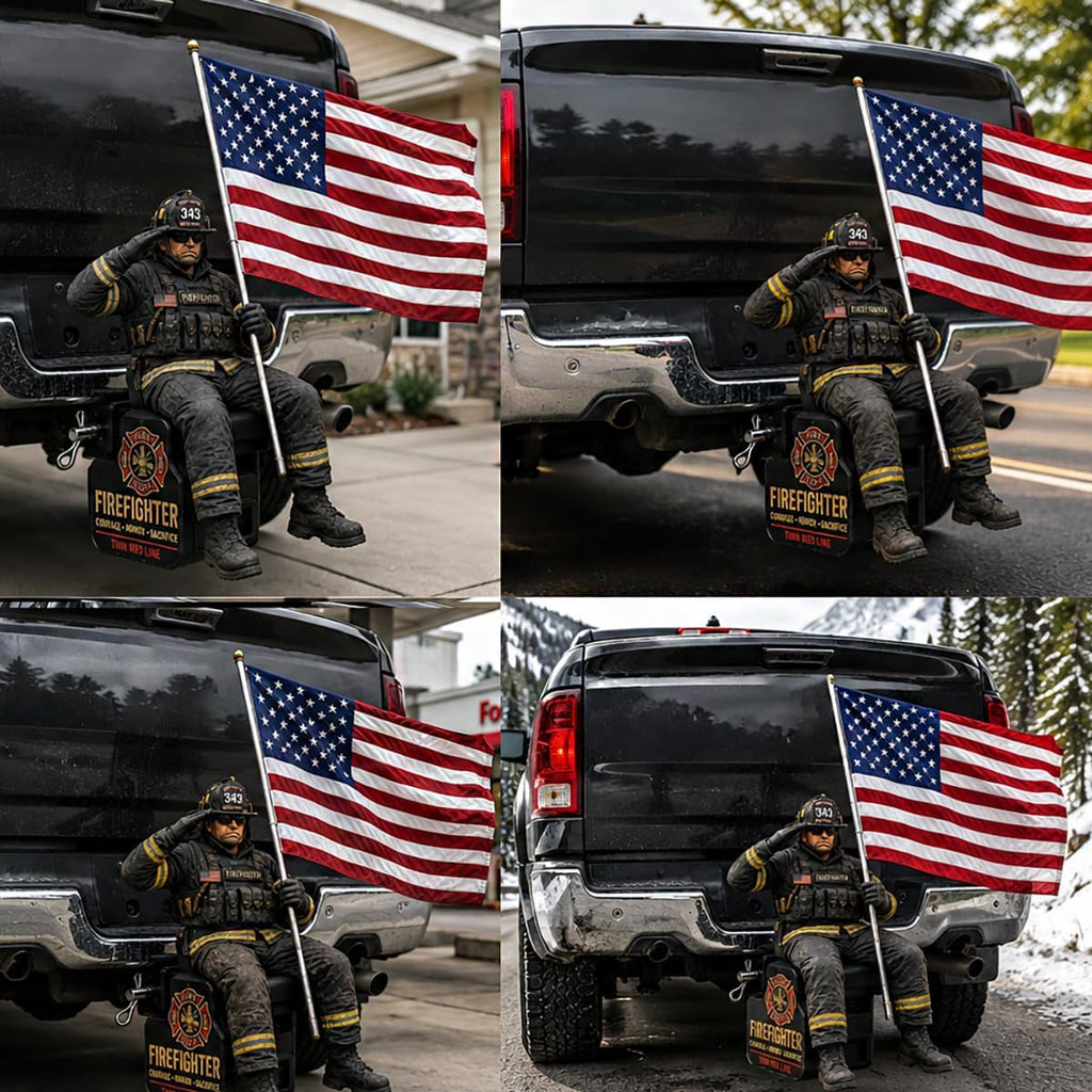 Firefighter Thin Red Line Tribute Trailer Hitch Cover, New Hitch Cover with Saluting Firefighter & American Flag, Vehicle Patriotic Decoration Accessories, Fits 2" Truck SUV Hitch Receivers