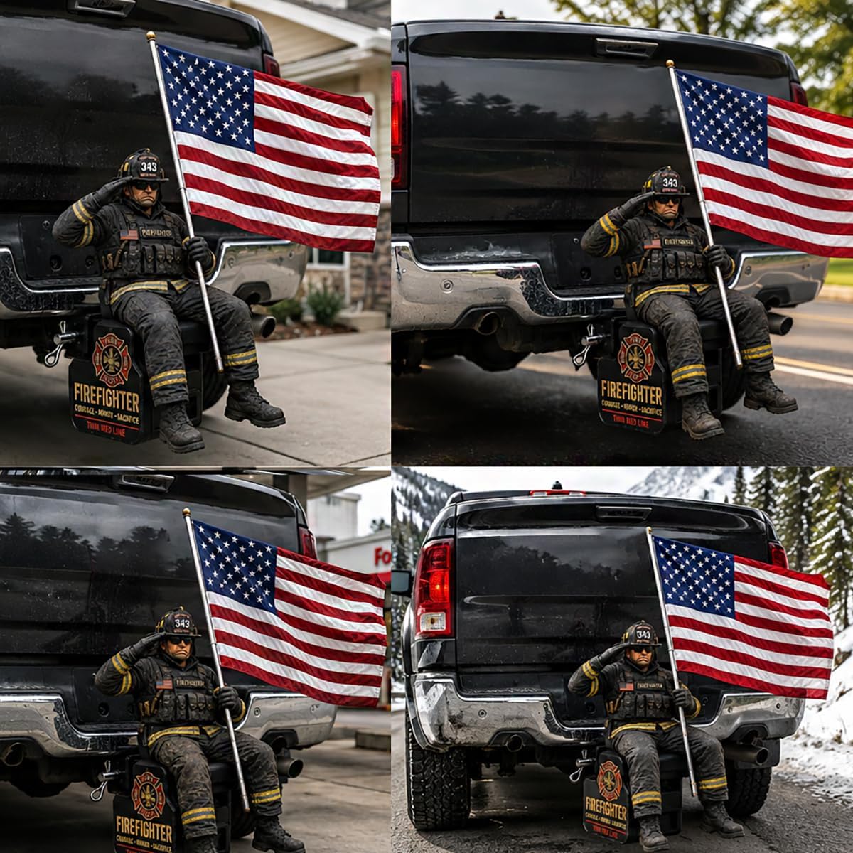 Firefighter Thin Red Line Tribute Trailer Hitch Cover, New Hitch Cover with Saluting Firefighter & American Flag, Vehicle Patriotic Decoration Accessories, Fits 2" Truck SUV Hitch Receivers