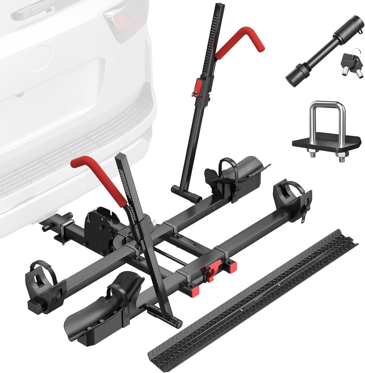 Hitch 2 EBike Rack with Ramp, 170lbs Capacity Electric Bike Carrier Foldable