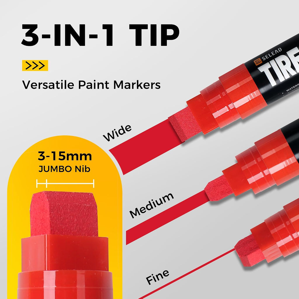 SELEAD 8-Pack Medium Tip White + 8-Pack Jumbo Wide Tip White Red Blue Yellow Tire Markers Paint Pens for Car Tires Lettering