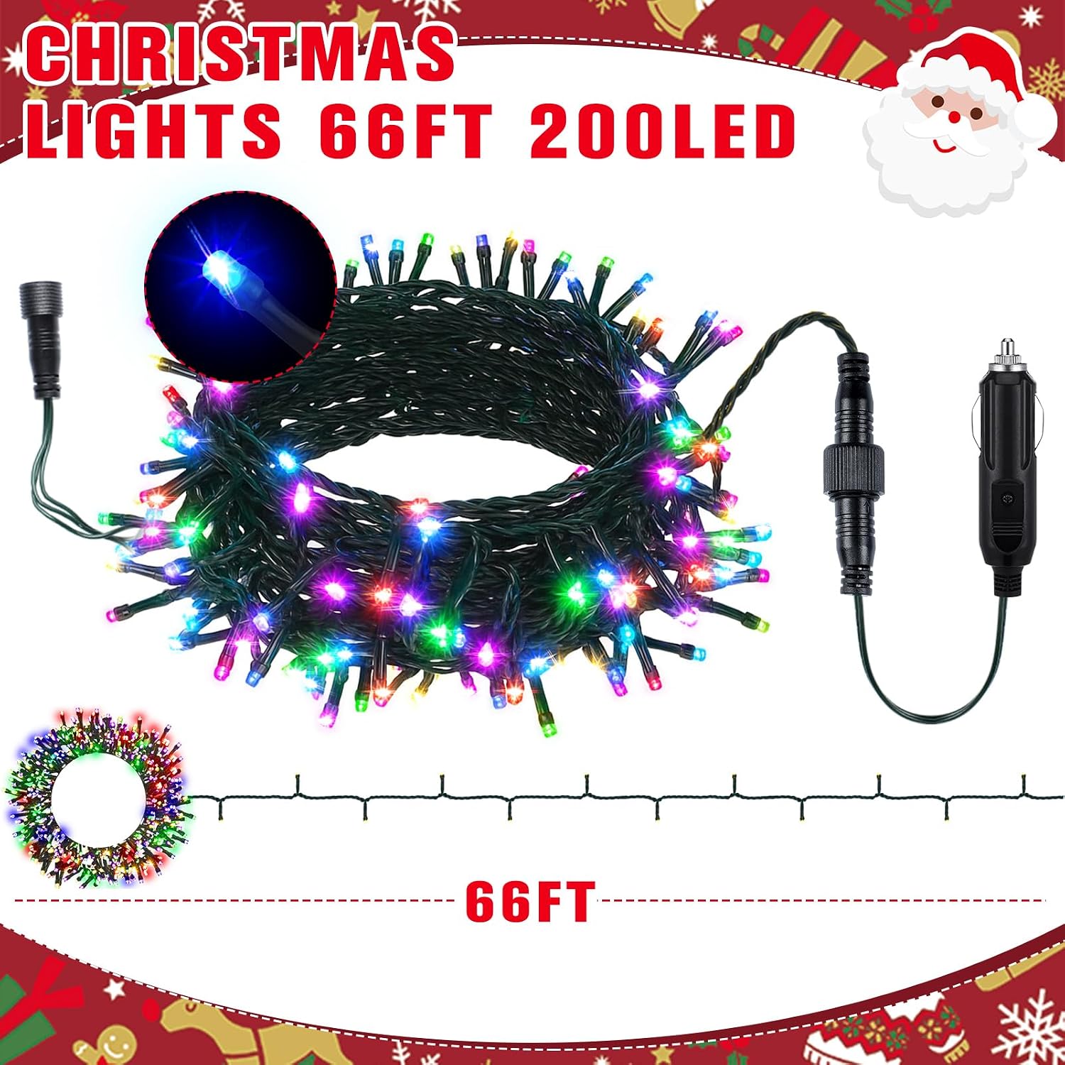 Aurelema 12V Christmas 66 ft 200 LED Car LED String Light Golf Cart Decorations Multicolor Light String Waterproof Atmosphere Lighting Kits for Christmas Car Accessories