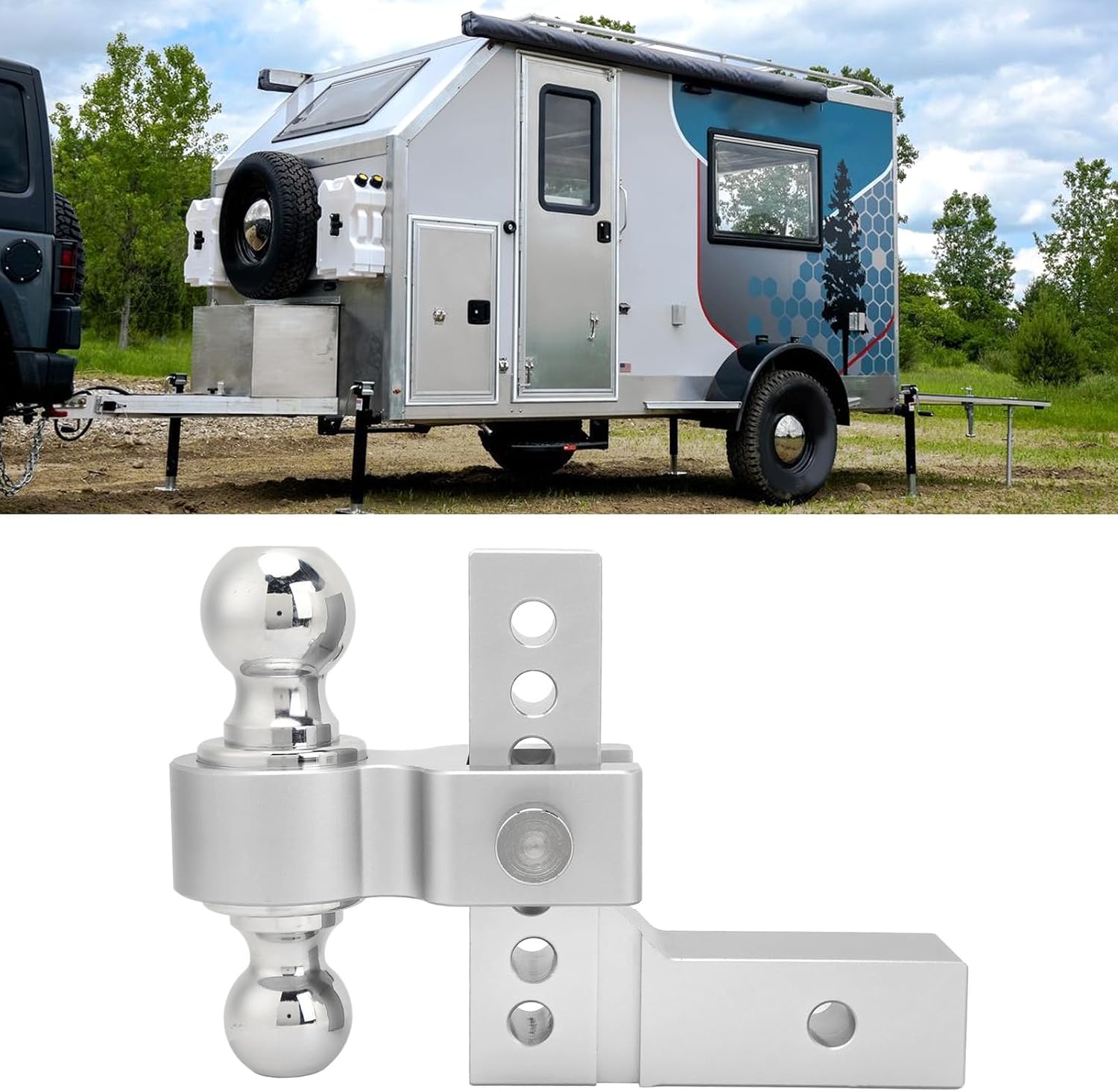 Adjustable Trailer Hitch 6in Drop Rise, Heavy - Duty Stainless Steel Receiver Hitch Kit for 2in Trailer Towing, 12500 LBS Capacity with Traction Hook (Electroplated Silver)