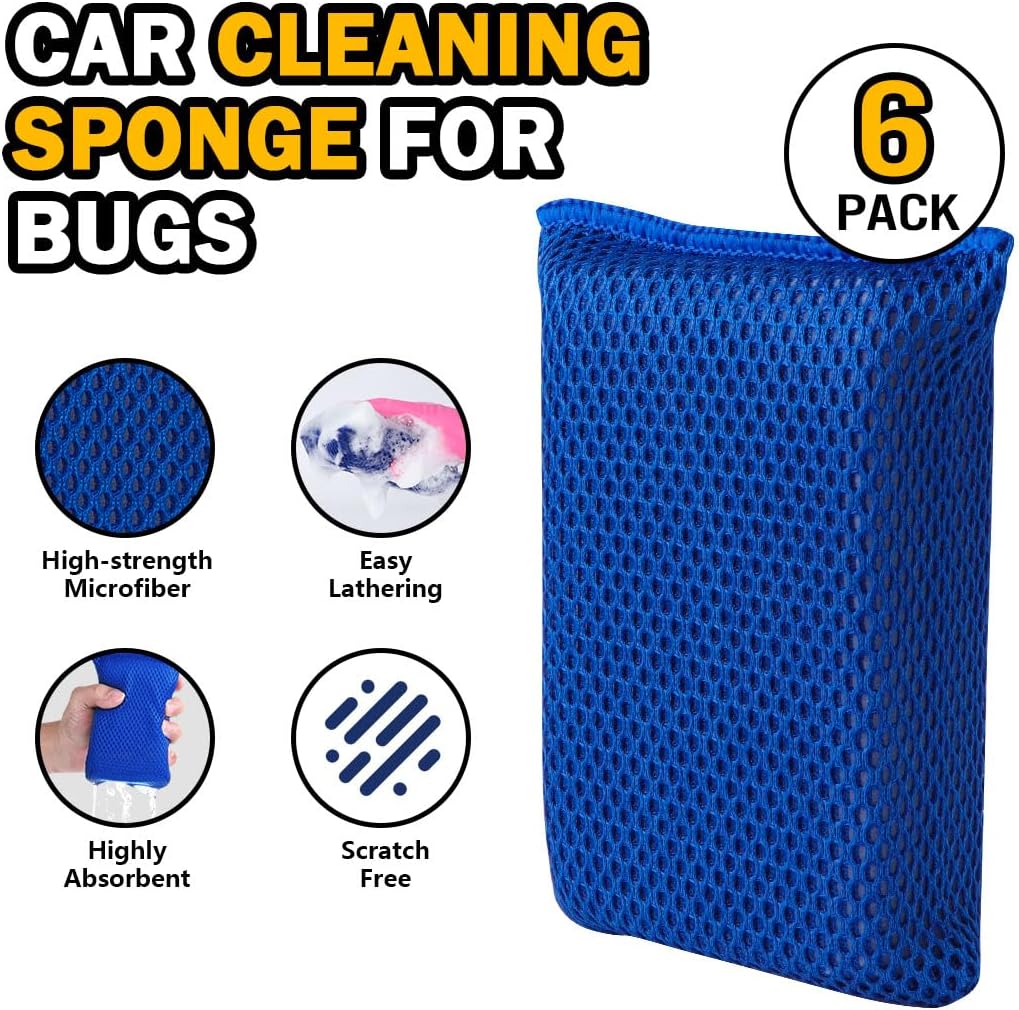AIDEA Car Wash Sponge 6PK, Microfiber Large Bug and Tar Remover for Cars | Non Scratch Reusable Mesh Car Wash Sponges, Blue, 5.71*3.54*1.89 inch