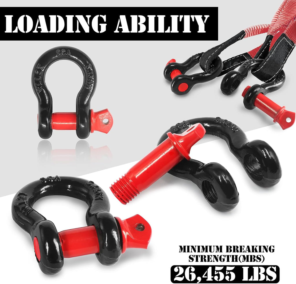 1/2" D Ring Shackle with 5/8" Screw Pin, 2T Working Load Limit (WLL) / 12T (26,455 lb) Minimum Breaking Strength (MBS) for Tow Strap Winch, Off-Road Vehicle Recovery (Black/Red, 2 Pack)