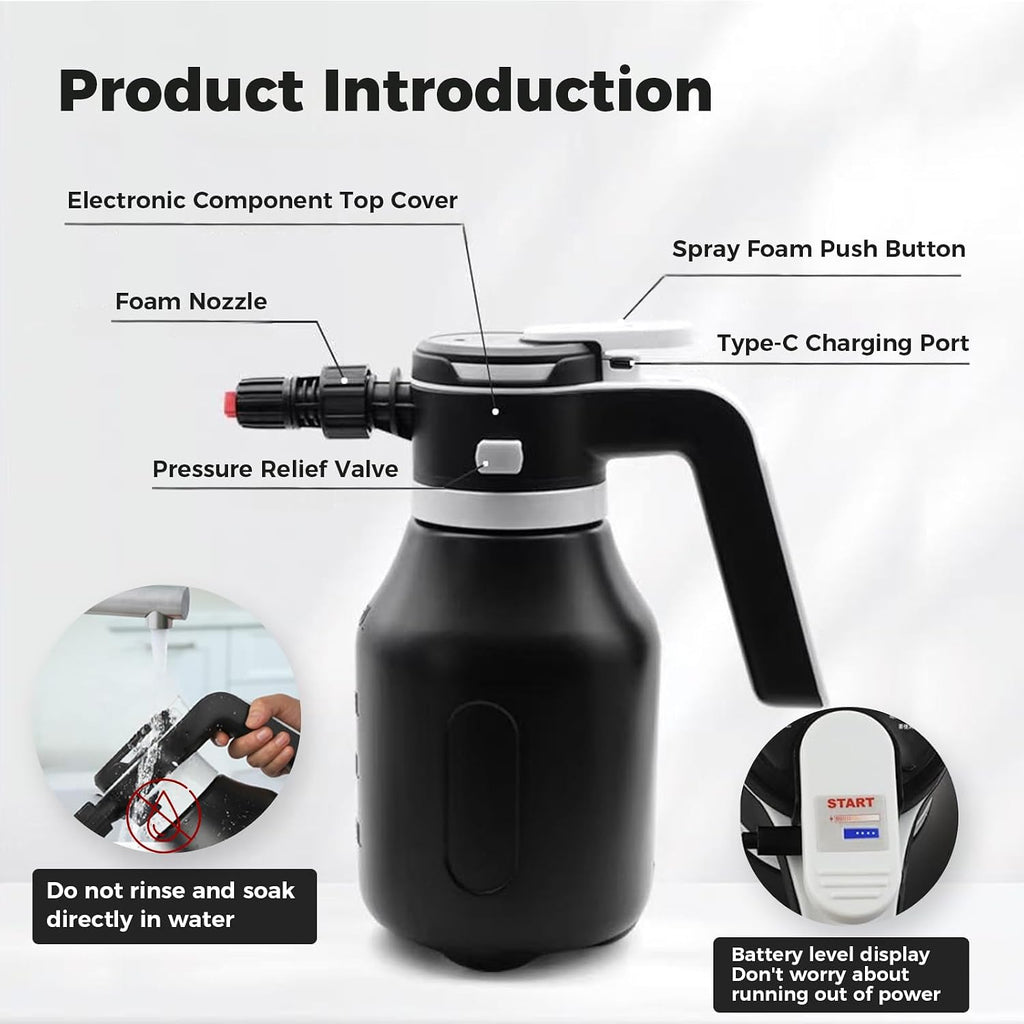 Electric Foam Sprayer,2L Portable Rechargeable Cordless Pressurized Spray Foam Cannon, Easy Clean & Acid Resistant for Car Wash Detailing Garden Black (Electric Foam Sprayer 1.0)