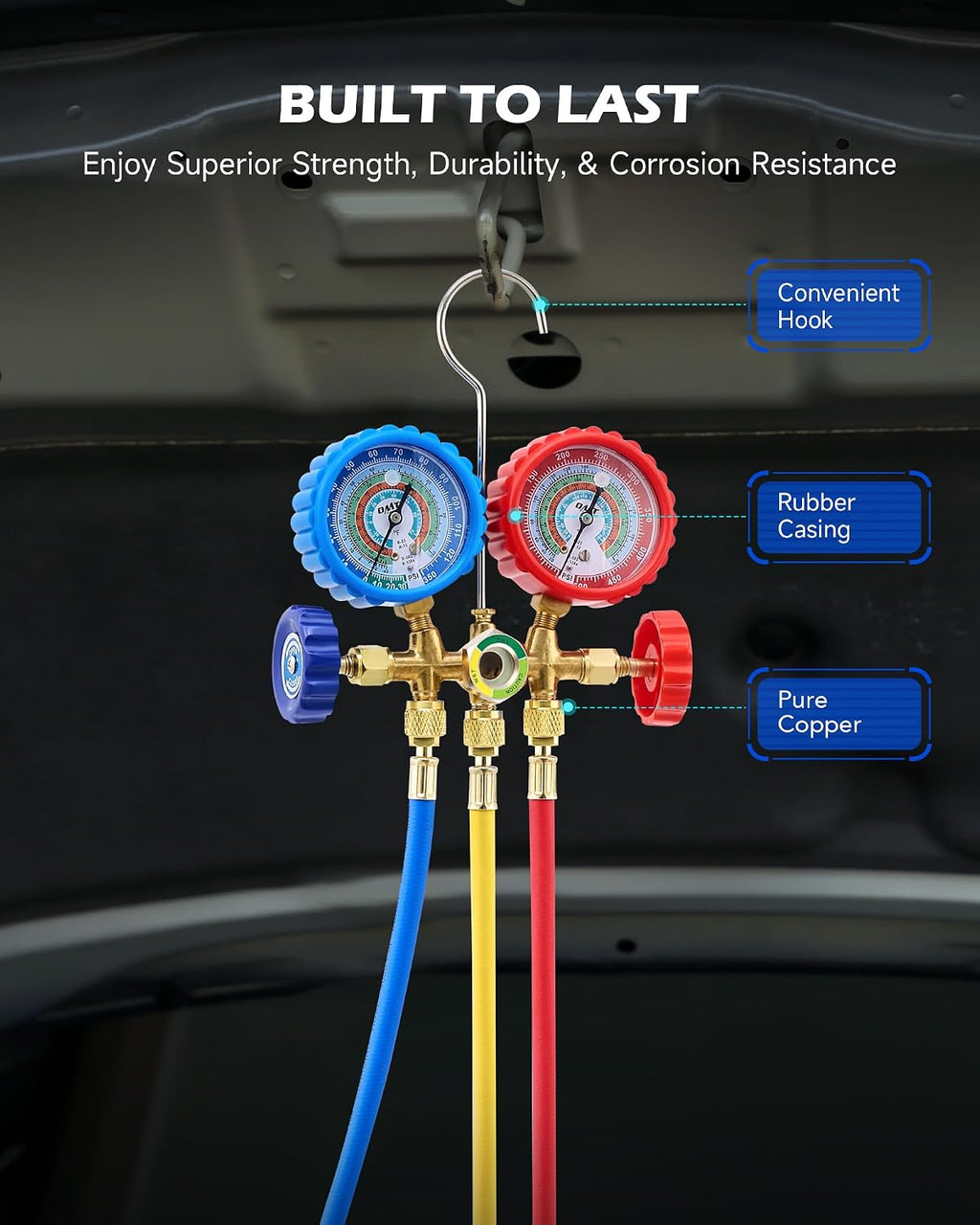 omt 3-way ac manifold gauge set for r134a on a desk or shelf