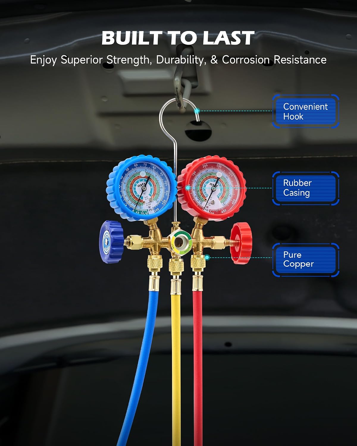 omt 3-way ac manifold gauge set for r134a on a desk or shelf
