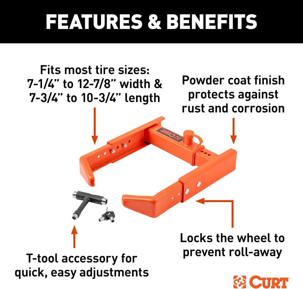 CURT 23176 Adjustable Trailer Wheel Lock, 16.5” x 6.5”-8 to 33" x 12-1/2"/R15
