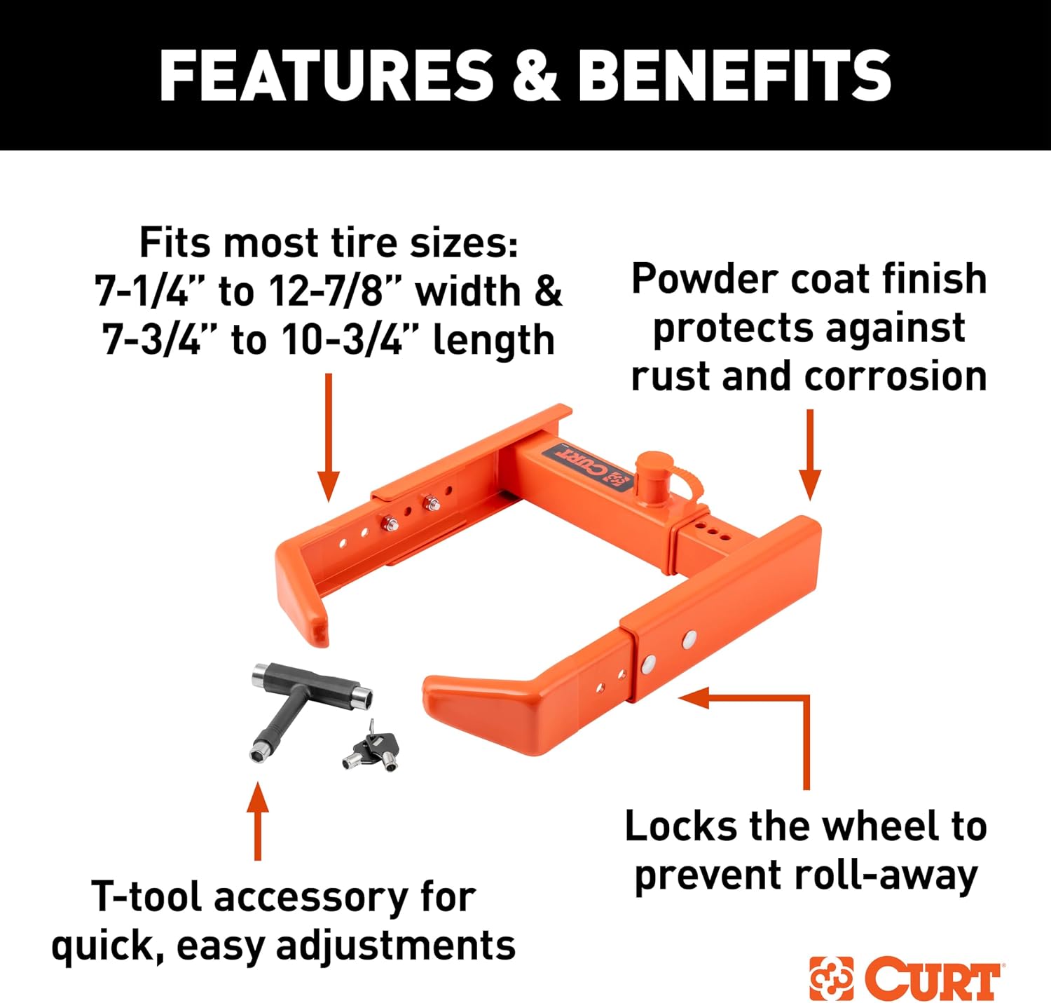 CURT 23176 Adjustable Trailer Wheel Lock, 16.5” x 6.5”-8 to 33" x 12-1/2"/R15