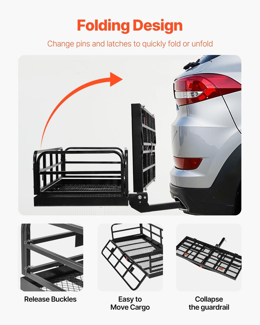 VEVOR 60x24x14 in Hitch Cargo Carrier, 500lbs Capacity Folding Trailer Hitch Mount Cargo Basket, Steel Luggage Carrier Rack Fits 2" Hitch Receiver for SUV Pickup Truck