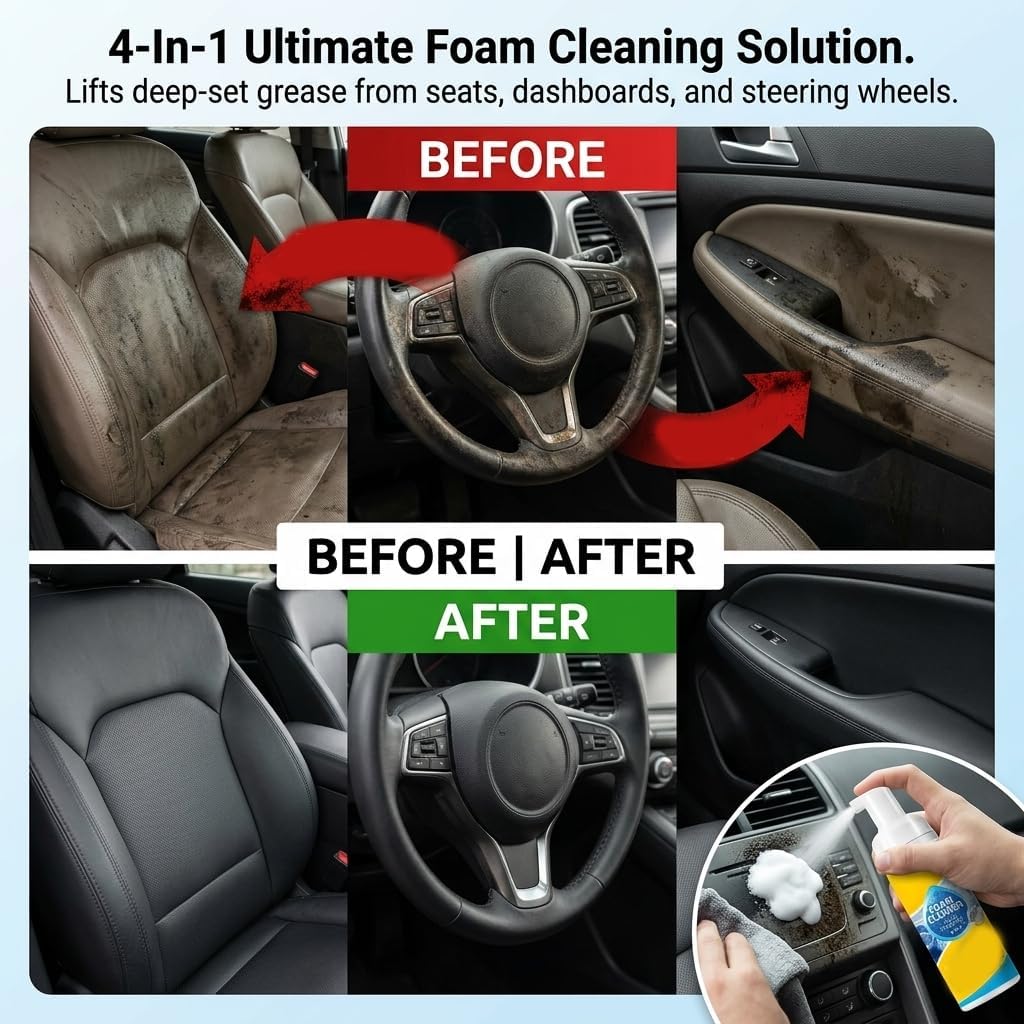 5.3oz Foam No Rinse Cleanser, Limpiador Espuma Multiusos Spray, 4-in-1 Multi-Enzyme Foam Cleaner for Car Seat, Powerful &Multipurpose Car Interior Foam Cleaner, for Kitchen, Bathroom & Sofa (2pc)